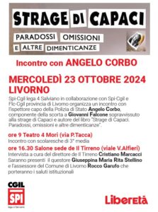 LIVORNO, MERCOLEDÌ 23 OTTOBRE INCONTRO CON ANGELO CORBO, COMPONENTE DELLA SCORTA DI GIOVANNI FALCONE SOPRAVVISSUTO ALLA STRAGE DI CAPACI