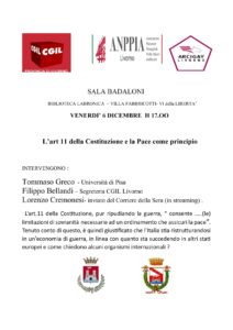 “L’ARTICOLO 11 DELLA COSTITUZIONE E LA PACE COME PRINCIPIO”: DIBATTITO VENERDI’ 6 DICEMBRE A LIVORNO (VILLA FABBRICOTTI)